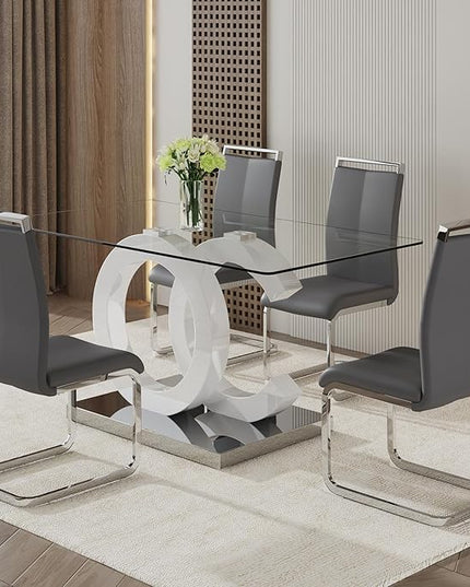 Ebullient Glass Dining Table Set for 4 ，5 Piece Dining Table Set,Tempered Glass Table Top，White Modern Dining Room Table with 4 PU Leather Ergonomic Dining Chairs