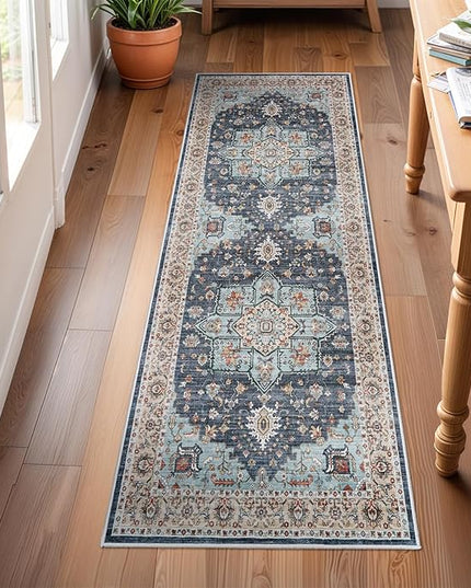 Washable Oriental Hallway Runner Rug - 2x6 Rugs for Living Room Soft Carpet for Bedroom Kitchen Waterproof Floral Distressed Indoor Stain Resistant Non-Shedding Floor Carpets (Blue/Teal/Orange, 2X6)
