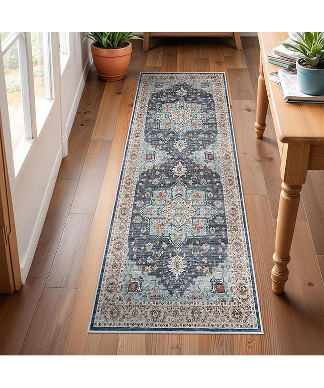 Washable Oriental Hallway Runner Rug - 2x6 Rugs for Living Room Soft Carpet for Bedroom Kitchen Waterproof Floral Distressed Indoor Stain Resistant Non-Shedding Floor Carpets (Blue/Teal/Orange, 2X6)