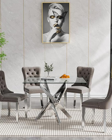 Glass Dining Table Set for 4, Square 36" Dining Table with Silver Cross Metal Leg, 4 Gray Velvet Dining Chairs with Stainless Steel Legs, Modern Glass Kitchen Table and Chairs Set for Small Space