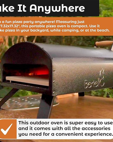 Bertello SimulFIRE Outdoor Pizza Oven Bundle - Wood Fire Portable 12 inch Brick Oven with Gas Burner, Peel, Wood Tray, Cover, & Thermometer - Portable Pizza Maker - As Seen on SHARK TANK