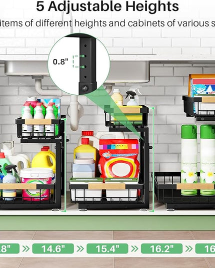 Pull out Cabinet Organizer, 2 Tier Under Sink Organizer, Slide out Metal Kitchen Cabinet Organizers Drawer Shelf, Sliding Storage Shelves for Kitchen Bathroom Pantry Cabinet Closet Organization Rack