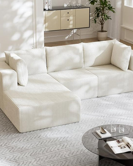 108" Boneless Couches for Living Room, Modular Cloud Couch Sofa - L Shap Corduroy Sectional Sofa, Fluffy Memory Foam Sleeper Sofa Furniture, No Assembly, Wide Armrest, Beige