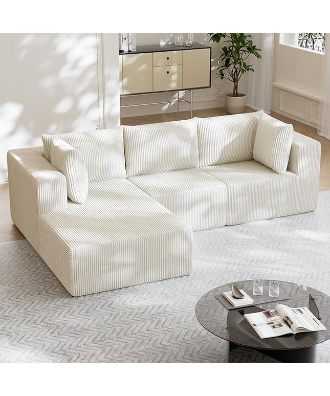 108" Boneless Couches for Living Room, Modular Cloud Couch Sofa - L Shap Corduroy Sectional Sofa, Fluffy Memory Foam Sleeper Sofa Furniture, No Assembly, Wide Armrest, Beige