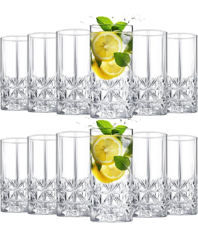 Uiifan Set of 12 Tall Highball Glasses 12 oz Crystal Drinking Glasses Clear Fancy Cups Vintage Textured Designer Glassware for Cocktail Tea Water Beer Soda Beverages, Dishwasher Safe(Stylish Style)