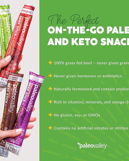 Paleovalley 100% Grass Fed Beef Sticks - Delicious Gluten Free Beef Snack - High Protein Keto Friendly, 40 Count Variety Pack