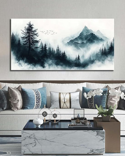 Foggy Forest Wall Art White Wall Decor Black Canvas Mountain Pictures Large Nature Artwork for Living Room Bedroom Dining Room Office 29" x 59"