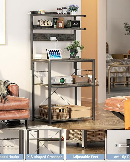 Aheaplus Bakers Rack with Power Outlet, Microwave Stand, 5 Tiers Coffee Bar Station with Led Lights, Kitchen Storage Shelf with 6 S-Shaped Hooks, Kitchen Rack for Spices, Pots and Pans, Black Oak