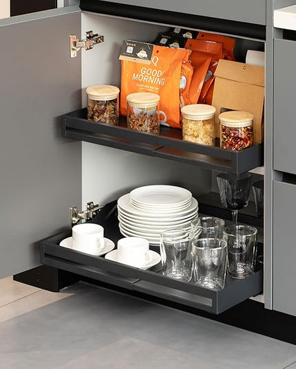 Basicwise Expandable Deep Drawer Organizer Adjustable Pull-Out Cabinet Storage Tray for Kitchen Organization Ideal for Cookware Dinnerware Food Containers Utensils Bakeware & Pantry Essentials, Large