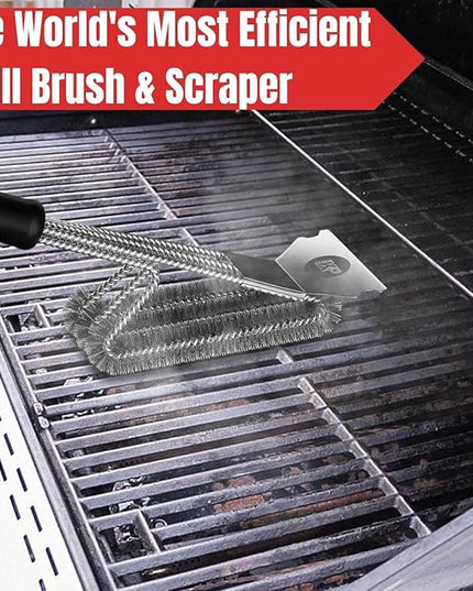 KITCHEN PERFECTION Safe Wire Grill Brush for Outdoor Grill w/Grill Scraper & Grill Mat Grill Cleaning Kit -Extended Handle BBQ Brush for Effortless Grill Cleaning Grill Cleaner Brush Barbecue Tools