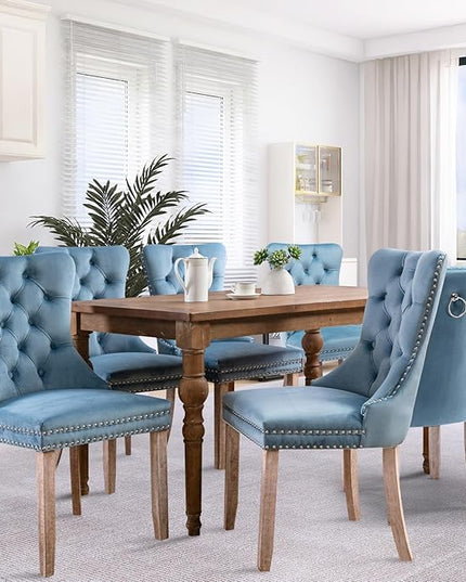 SoarFlash Velvet Dining Chair Set of 8, Upholstered Tufted Dining Room Chair with Nailhead Trim and Solid Wood Leg for Kitchen (Sky-Blue)