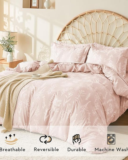 MUXHOMO Cameo Pink Full Comforter Set, Elegant Floral Print Bed in a Bag 7 Pieces, Ultra Soft & Breathable Reversible Botanical Pattern Bedding Set with Comforter, Sheets, Pillowcases, and Shams