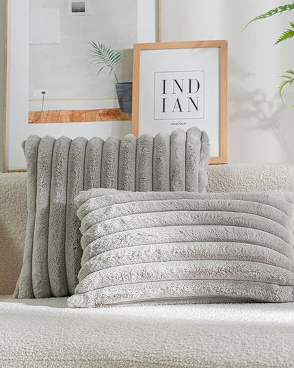 DEELAND Pack of 2,Double-Sided Faux Fur Plush Decorative Throw Pillow Covers Fuzzy Striped Soft Pillowcase Cushion Covers for Sofa Couch Bedroom Lightgrey 16x16 inch