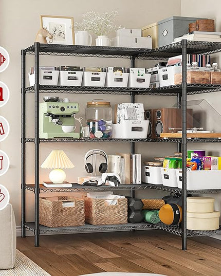 REIBII 5 Tier Wire Shelving Storage Shelves Loads 1430LBS, 58" W Metal Shelving Unit for Storage Adjustable Heavy Duty Garage Shelving Pantry Shelves Kitchen Shelving, Black, 2 Pack