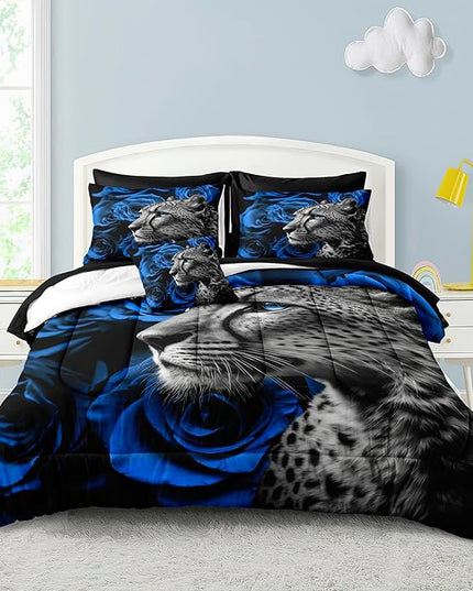 Merryword 8 Pieces Cheetah Leopard Bed in a Bag Blue Rose Comforter Set Full Size Blue Flower Bedding Tiger Lion Wild Animal Comforter Set