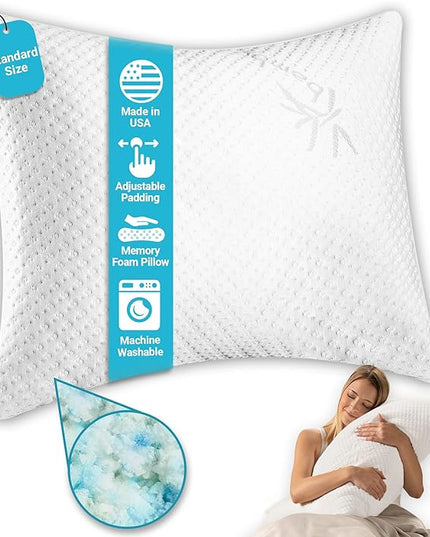 Xtreme Comforts Standard Bed Pillow for Sleeping | Adjustable Shredded Memory Foam Pillows with Removable Cooling Cover | Fluffy Pillows Support for Side, Back & Stomach Sleepers