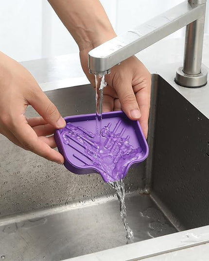 Silicone Bathroom Soap Dishes with Drain Spout-Bathroom and Kitchen Sink Organizer,Sponge Holder,Dish Soap Tray,Perfect for Dispenser,Scrubber,Bottle,Cup on Sink or Counter-Purple 4.9"×3.2"