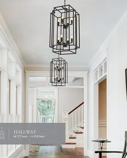8-Light Lantern Tiered Pendant Light Fixtures, Black Metal Farmhouse Chandelier Hall Foyer Hanging Chandelier for Kitchen Island Dining Room Living Room Foyer Entryway, Black