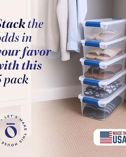 HOMZ 5-Pack Latching Lid, Clear Plastic Storage Organizer Bins, 7.5 Quart, Blue Latch - Stackable Organizing Containers for Home, Garage, and Office