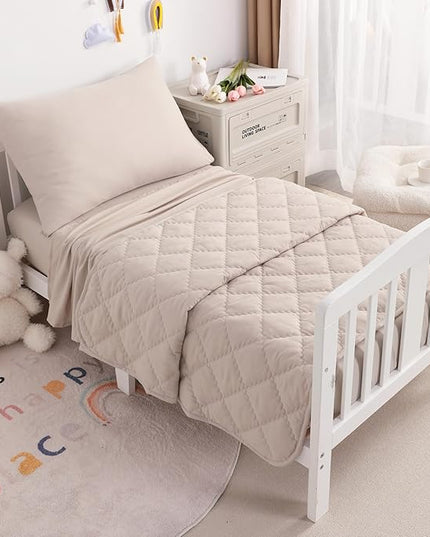 NTBAY Toddler Bedding Set - 4 Piece Soft and Breathable Crib Bedding Set for Boys and Girls, Includes Quilted Comforter, Fitted Sheet, Flat Top Sheet and Envelope Pillowcase, Taupe