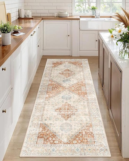 MUJOO Washable Runner Rug,2x6 Runners for Kitchen Bathroom Hallway Bedroom Entryway Laundry,Non Slip Long Mat Indoor,Boho Throw Carpet Low Pile Terracotta