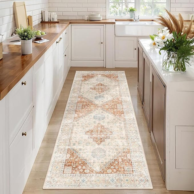 MUJOO Washable Runner Rug,2x6 Runners for Kitchen Bathroom Hallway Bedroom Entryway Laundry,Non Slip Long Mat Indoor,Boho Throw Carpet Low Pile Terracotta