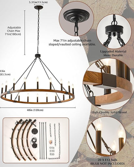 HHR 48 Inch Wood Wagon Wheel Chandelier 20-Light, Large Chandeliers for High Ceilings, Farmhouse Chandeliers for Dining Room, Foyer, Living Room, Entryway, Kitchen Island, E12