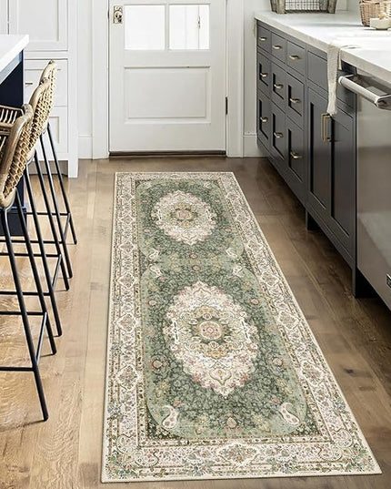 Washable Runner Rug 2x6,Green Rug Runners Non Slip,Long Boho Rugs for Hallways Kitchen Bedroom Entryway Living Room Bathroom,Vintage Bohemian Distressed Floor Carpet,Floral