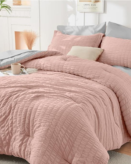 HYMOKEGE Rose Gold/Light Grey California King Comforter Set Seersucker 7 Pieces, All Season Luxury Bed in a Bag for Bedroom, Bedding Set with Comforter, Sheets, Pillowcases & Shams