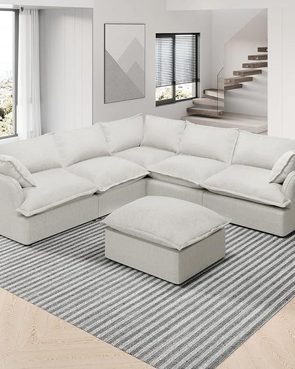 V Shape Cloud Sectional Sofa,6 Seaters Comfy Modular Couch with Movable Ottoman,Deep Seater Couches,Down Fill Sofa for Living Room,Detachable Couch Covers,Corner Sofa for Home,Linen,Grey