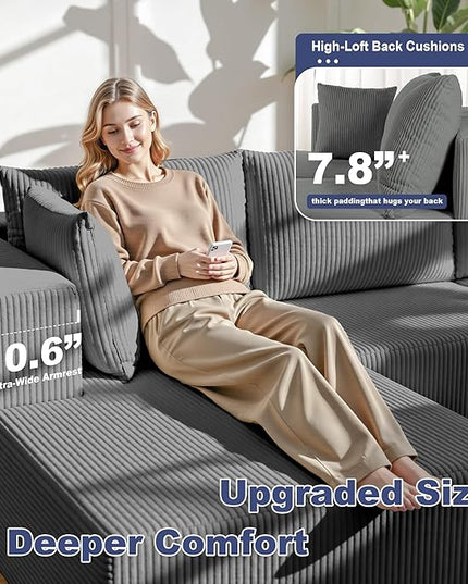 108" Boneless Couches for Living Room, Modular Cloud Couch Sofa -4 Pieces U Shap Corduroy Sectional Sofa, Fluffy Memory Foam Sleeper Sofa Furniture, No Assembly, Wide Armrest, Grey