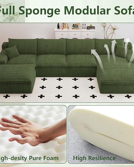 136" Cloud Couch Modular Sectional Sofa for Living Room, U-Shape Boneless Couch with Deep Seat, Modern Corduroy 4-Seater with Ottoman, No Assembly Required (Green,Right-Facing Chaise)