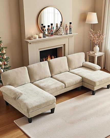 VINGLI 110" Sectional Couches for Living Room,U Shaped Couch with Double Chaise, 4-Seat Sofa Set with Chenille Fabric for Home Furniture,Light Khaki