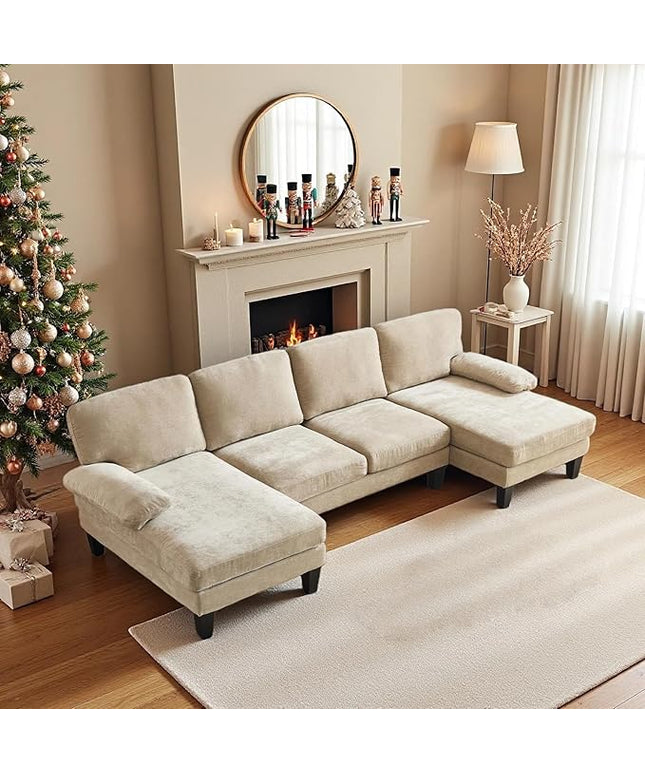 VINGLI 110" Sectional Couches for Living Room,U Shaped Couch with Double Chaise, 4-Seat Sofa Set with Chenille Fabric for Home Furniture,Light Khaki