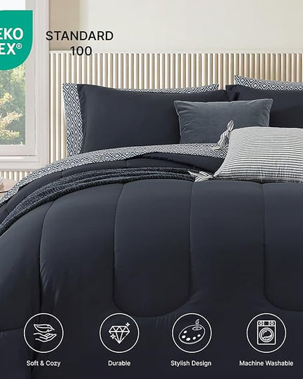 Monbix King Size Comforter Set - 7 Pieces Bed in a Bag King, Blue Grey Track Stitching Bedding Sets with Comforter, All Seasons Down Alternative Comforter Bed Set with Sheets, Pillowcases & Shams