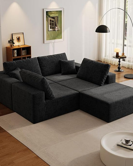 139" Boneless Cloud Sectional Couch for Living Room, Compressed Modular L-Shaped Sofa with Deep Seat, Frameless Corduroy Couch in Boxes, No Assembly Required 4-Seater (Left-Facing Chaise, Black)