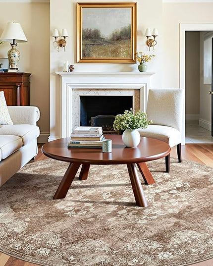jinchan Round Rug 8ft Area Rug - Brown Vintage Floor Mat Kitchen Indoor - Washable Circle 8' Thin Floral Print Carpet Retro Farmhouse Non Slip Dining Room Living Room Bedroom Office