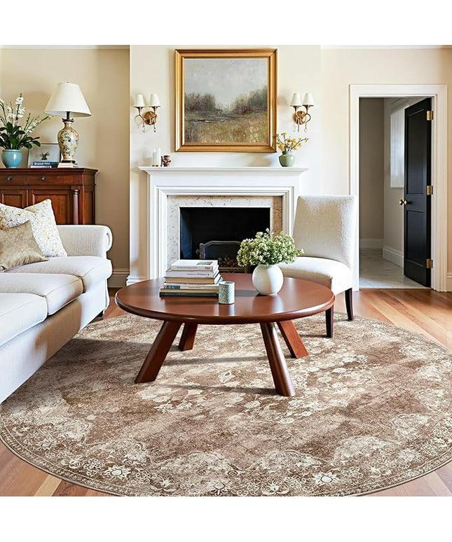 jinchan Round Rug 8ft Area Rug - Brown Vintage Floor Mat Kitchen Indoor - Washable Circle 8' Thin Floral Print Carpet Retro Farmhouse Non Slip Dining Room Living Room Bedroom Office