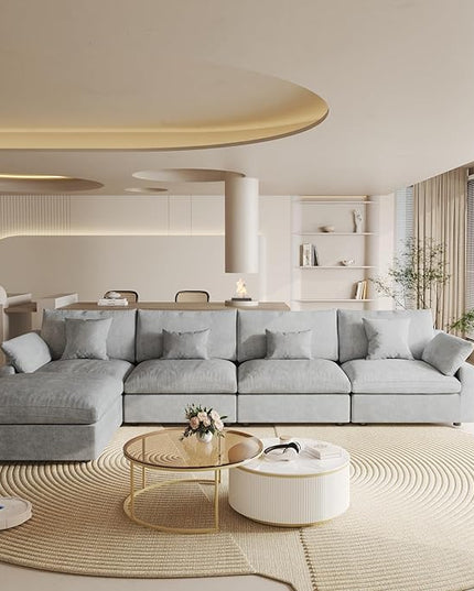 WJShome Cloud Couch Modular Sectional Sofa,156" L Shaped Couch, Oversized Down Filled Convertible Wide Seater,4 Seater with Ottoman for Living Room Set, Covers Washable&Replaceable,Grey