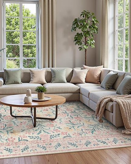 Wonnitar Machine Washable 10x14 Area Rugs, Large Living Room Rug Floral Pink and White Carpet, Boho Soft Ultra-Thin Foldable Carpets for Bedroom Dining Room Office