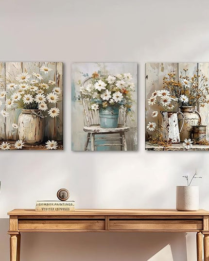 DUWQU 3 PCS Elegant Farmhouse Canvas Wall Art, Vintage Floral Pictures Art Wall Decor, Nature Themed Daisy Art Prints for Living Room Bedroom Kitchen and Office Ready to Hang 16×24 Inches