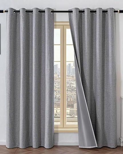 100% Blackout Curtains 96 Inch Long 2 Panels Set, Faux Linen Black Out Curtains for Bedroom Living Room, Thermal Insulated Room Darkening Drapes Grommet (W52 x L96, Light Grey)