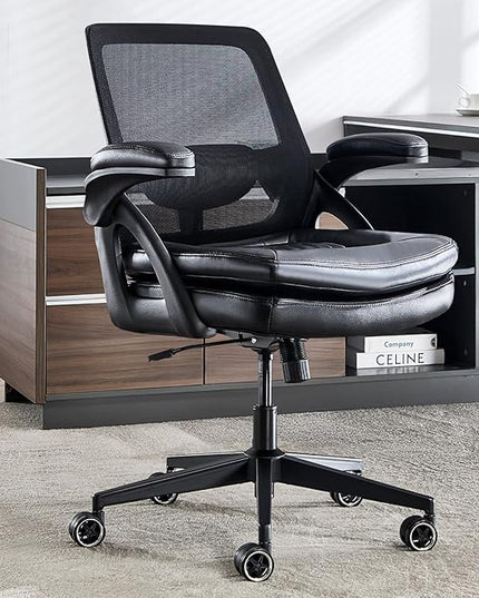 Big and Tall Office Chair, 500lbs Mesh Heavy Duty Ergonomic Desk Chair with Flip-up Armrests, Plus Size Wide Seat in PU Leather, 360 Swivel Computer Executive Task Chair for Home Office (Black)