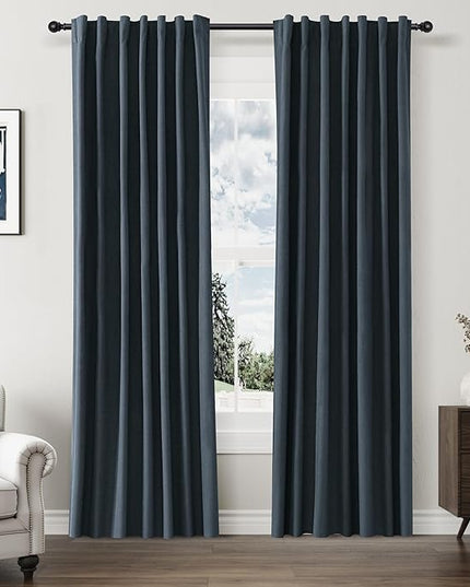 Guken 100% Blackout Linen Curtains 80 Inch Length 2 Panels Set for Living Room Bedroom Back Tab Thermal Insulated Black Out Linen Drapes Room Darkening Window Curtains,Vintage Blue