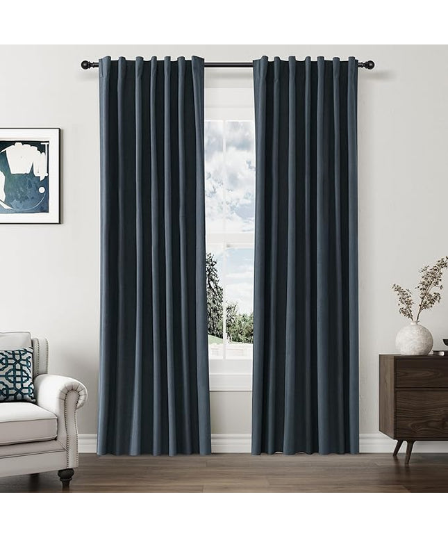 Guken 100% Blackout Linen Curtains 84 Inch Length 2 Panels Set for Living Room Bedroom Back Tab Thermal Insulated Black Out Linen Drapes Room Darkening Window Curtains,Vintage Blue