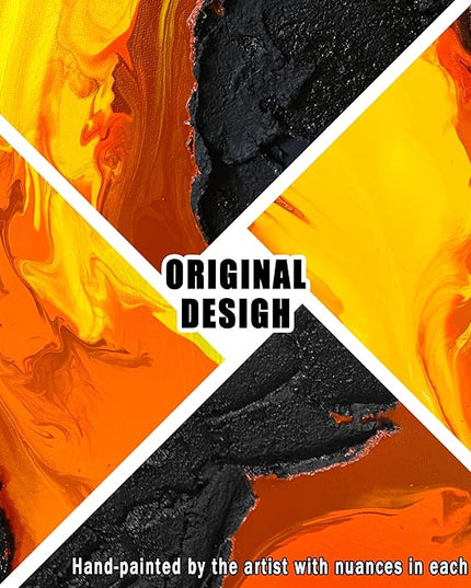 GUGIKA Abstract Wall Art for Living Room, Black and Gold Yellow Volcanic Lava Canvas Wall-Decor for Bedroom, Hand Painted 3D Textured Magma Paintings, Size 47x24 Inches