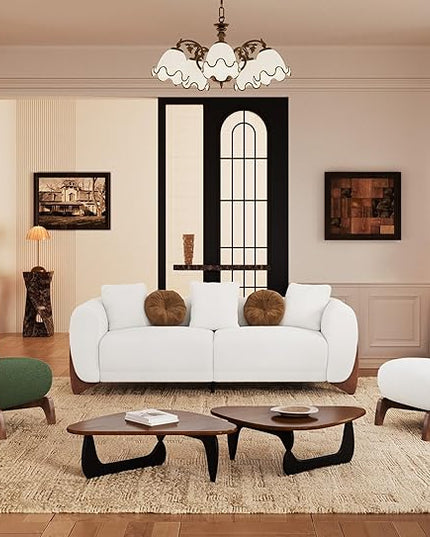 Morden Fort Modern Cloud Couch - 3 Seater Sherpa Boucle Sofa with Wood Legs, Ultra-Thick High Resilience Cushion with 3 Matching Pillows Upholstered Comfy Couch Sofa for Living Room - Off White