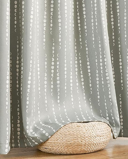 jinchan 95% Blackout Bohemian Moon Phase Print Bedroom Curtains 96 Inch Long Grey Curtain Pole Mouth Rear Label Thermal Insulated for Nursery Grey Curtain Set 2 Panels