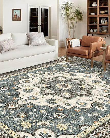 Washable Oriental Area Rug - 10x14 Rugs for Living Room Soft Carpet for Bedroom Waterproof Floral Distressed Indoor Stain Resistant Non-Shedding Floor Carpets (Blue, 10X14)