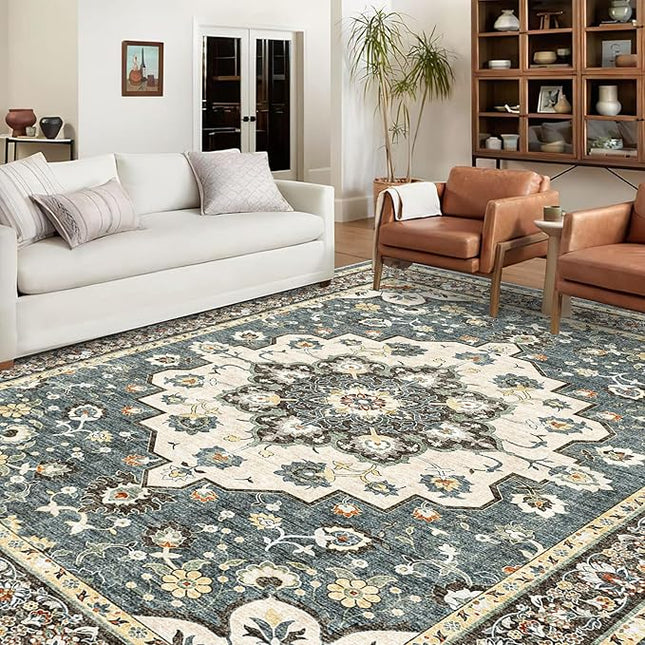 Washable Oriental Area Rug - 10x12 Rugs for Living Room Soft Carpet for Bedroom Waterproof Floral Distressed Indoor Stain Resistant Non-Shedding Floor Carpets (Blue, 10x12)